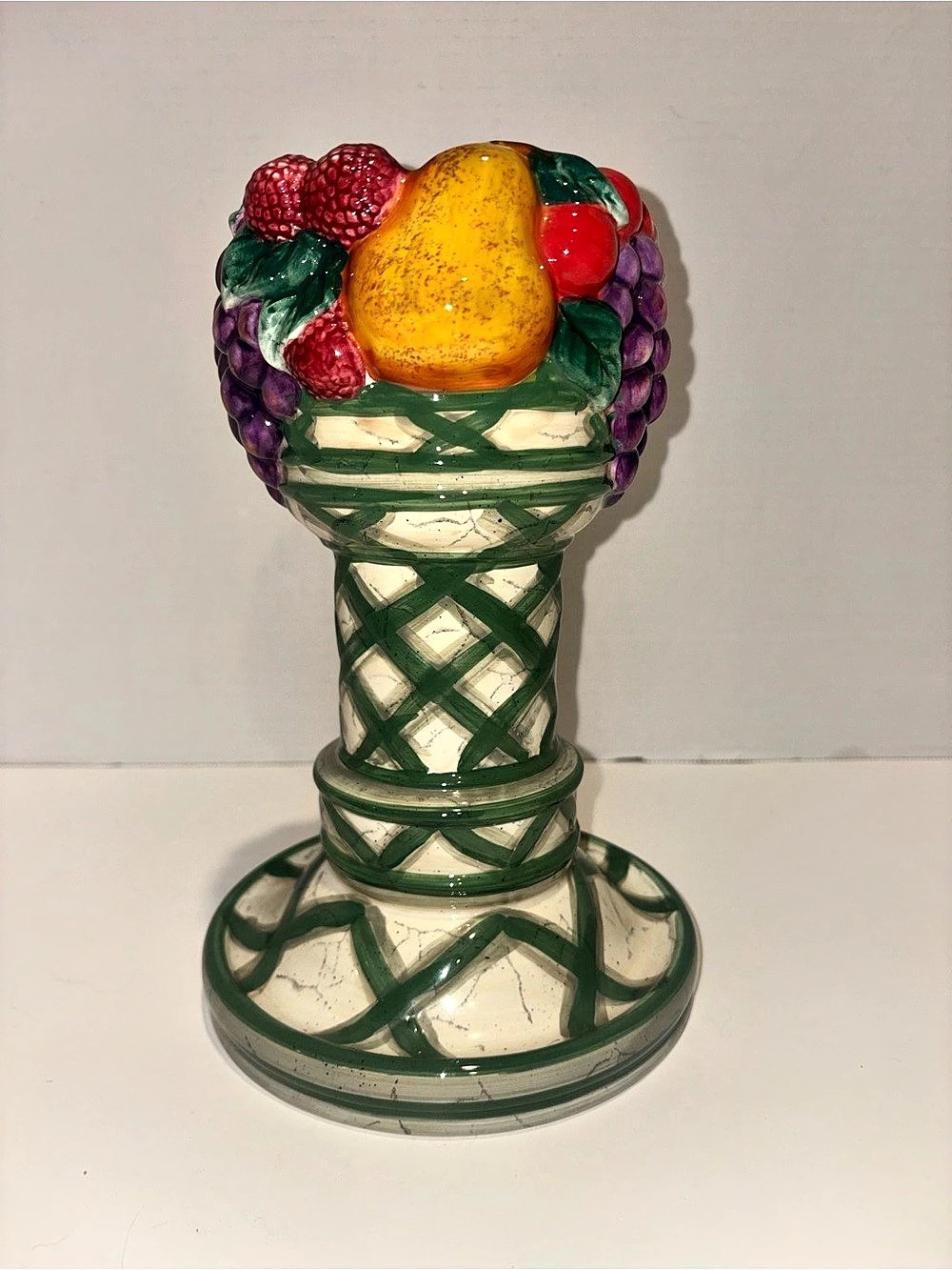 Raymond Waites Fruit Basket Ceramic Centerpiece Candle Holder Green & Multicolor